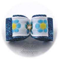 Daisy Garden and Denim Dog Bow - Blue - Puppy Dog Bow