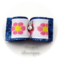 Daisy Garden and Denim Dog Bow - Pink - Puppy Dog Bow