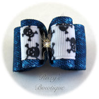 Denim and White Dog Bow - Adult Dog Bow