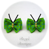 Green with Turquoise Dots Butterfly Puppy Dog Bow (pair)