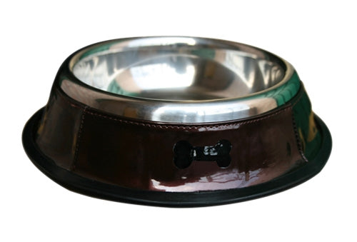 Brown Dog Bowl with Black Bones