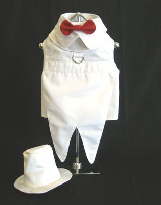 White Dog Tuxedo with Tails, Top Hat, and Bow Tie Collar