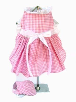 Pink Gingham Dog Dress with Visor Hat - Doggie Design