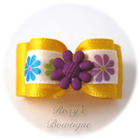 Yellow Gold with Purple Summer Flower Puppy Dog Bow
