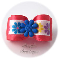 Hot Pink with Blue Summer Flower - Puppy Dog Bow