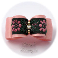 Pink Satin and Pink Flowers - Puppy Dog Bow