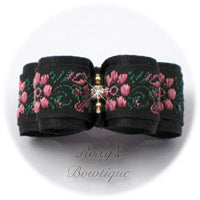 Black Satin and Pink Flowers - Puppy Dog Bow