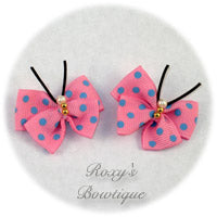 Pink with Blue Dots Butterfly Dog Bow (pair)