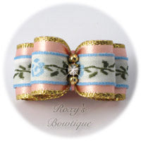 Pink Satin and Light Blue Flowers - Puppy Dog Bow