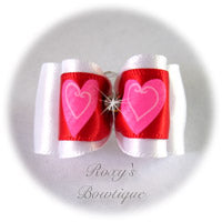 Red and White Valentine Bow with Rhinestone - Adult Dog Bow