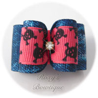 Denim and Hot Pink Dog Bow - Adult Dog Bow