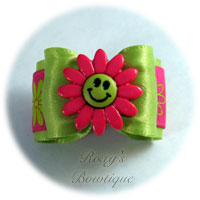 Apple Green Happy Face with Hot Pink - Adult Dog Bow
