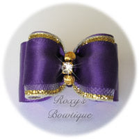 Regal Purple with Two Gold Beads and Rhinestone - Adult Dog Bow