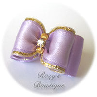 Lavender with Two Gold Beads and Rhinestone - Adult Dog Bow