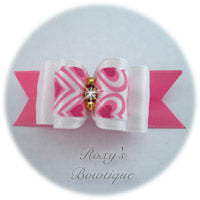 Fancy Pink and White with Rhinestone and Gold Beads - Adult Dog Bow