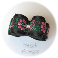 Black with Pink Rose and Rhinestone - Puppy Dog Bow