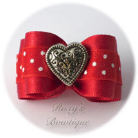 Red with White Dots and Silver Heart - Adult Dog Bow