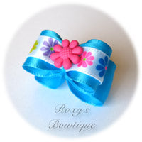 Island Blue with Pink Summer Flower Puppy Dog Bow