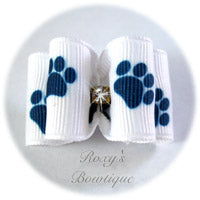 White and Navy Paws - Adult Dog Bow