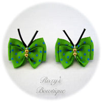 Green with Turquoise Dots Butterfly Puppy Dog Bow (pair)