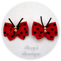 Red with Black Dots Butterfly Puppy Dog Bow (pair)
