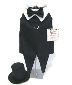 Navy Blue Pinstriped Tuxedo with Tails, Top Hat, and Bow Tie Collar - Doggie Design