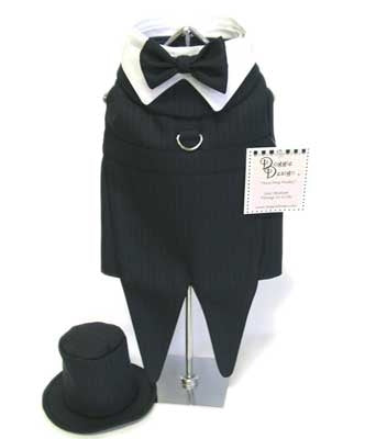 Navy Blue Pinstriped Tuxedo with Tails, Top Hat, and Bow Tie Collar