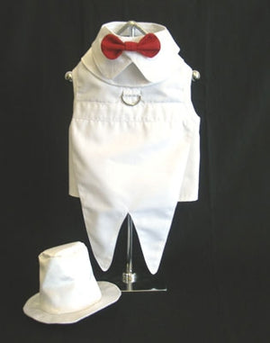 White Dog Tuxedo with Tails, Top Hat, and Bow Tie Collar - Doggie Design