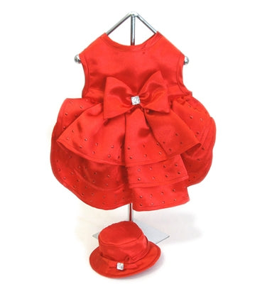 Red Satin Dog Harness Dress with Hat